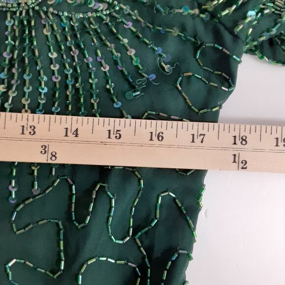 Vintage Laurence Kazar NY Beaded Gown 100% Silk Dress Drop Waist Green M 1920s - Picture 8 of 11